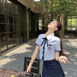 Korean Style British Preppy Summer School Uniform Blue Shirt Petite Height Boosting Two Piece Set Skirt for Women - Style 6704d5