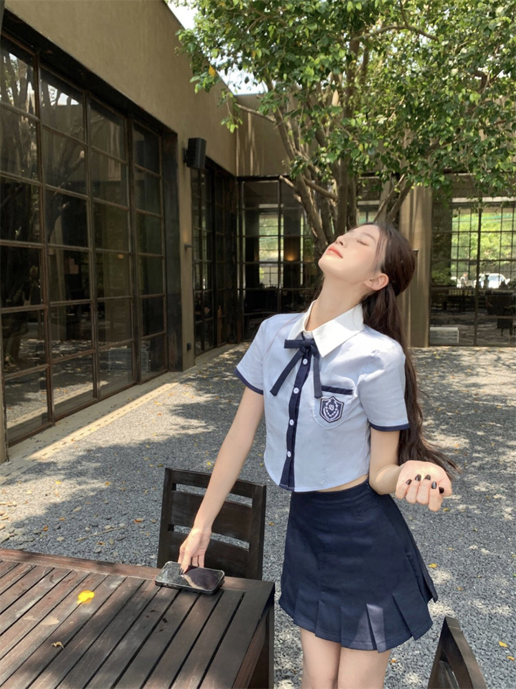 Korean Style British Preppy Summer School Uniform Blue Shirt Petite Height Boosting Two Piece Set Skirt for Women - Style 6704d5