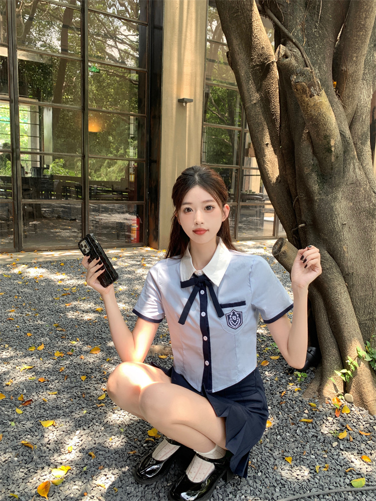 Korean Style British Preppy Summer School Uniform Blue Shirt Petite Height Boosting Two Piece Set Skirt for Women - Style 6704d5 - Image 3