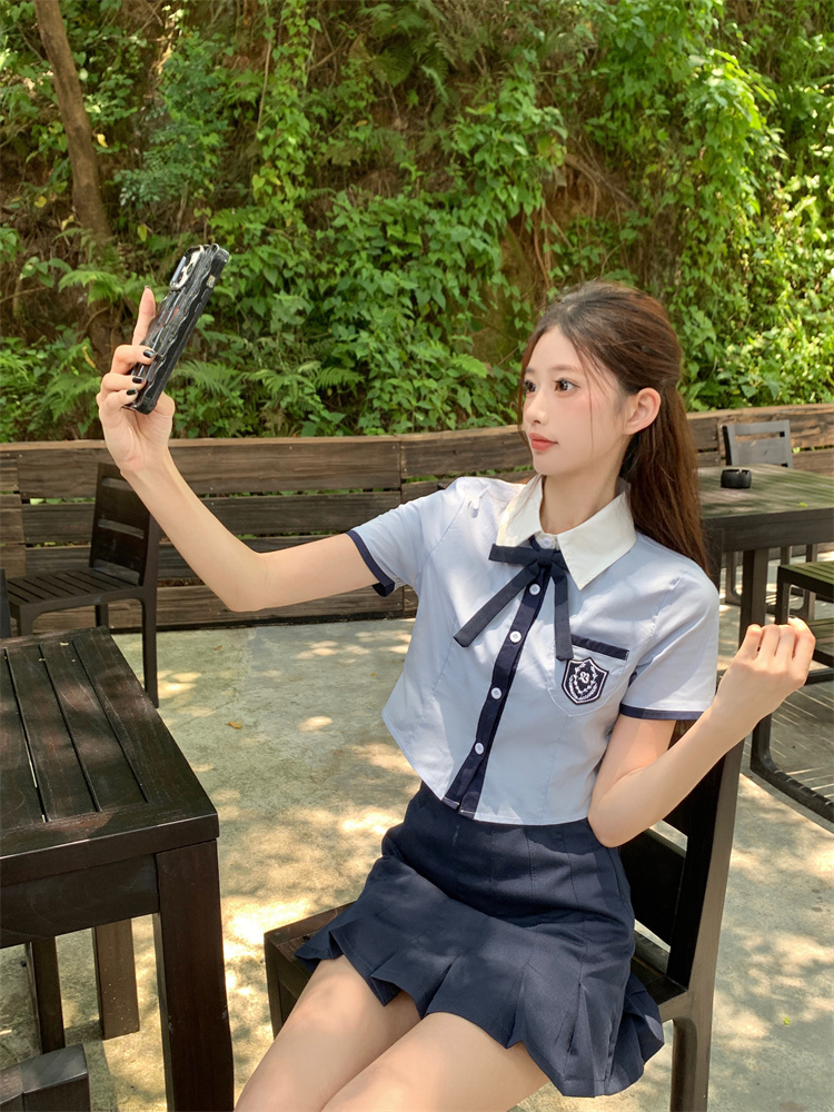 Korean Style British Preppy Summer School Uniform Blue Shirt Petite Height Boosting Two Piece Set Skirt for Women - Style 6704d5 - Image 4
