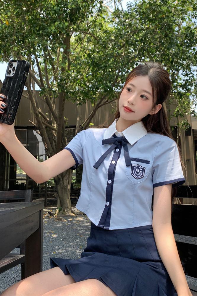 Korean Style British Preppy Summer School Uniform Blue Shirt Petite Height Boosting Two Piece Set Skirt for Women - Style 6704d5 - Image 5