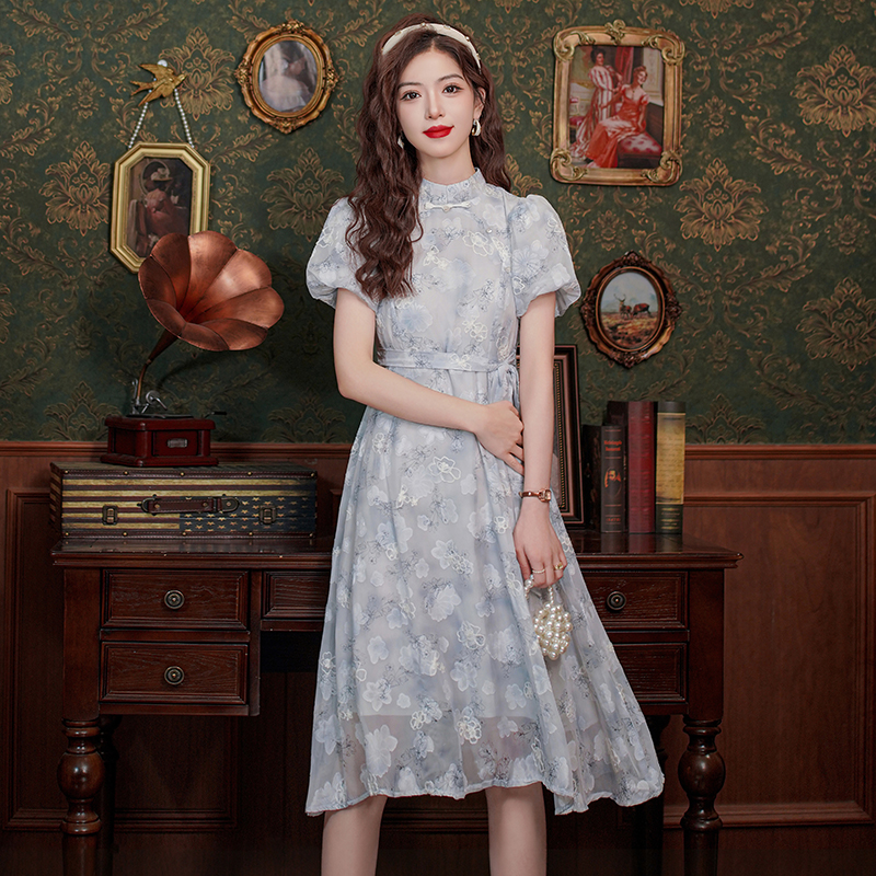 New Chinese Style Qipao Dress for Young Women Blue Floral Long - Image 3