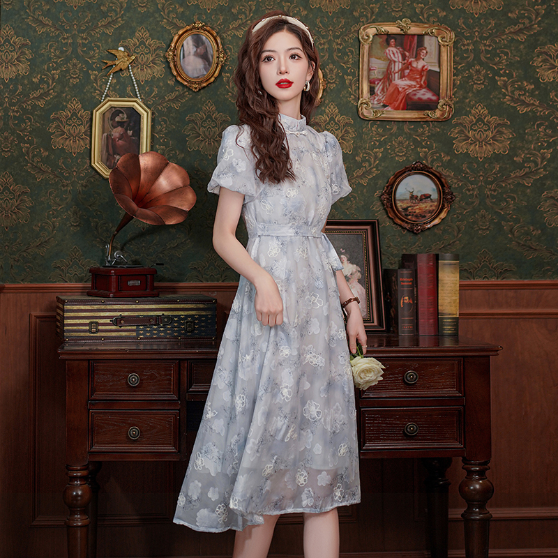 New Chinese Style Qipao Dress for Young Women Blue Floral Long - Image 4