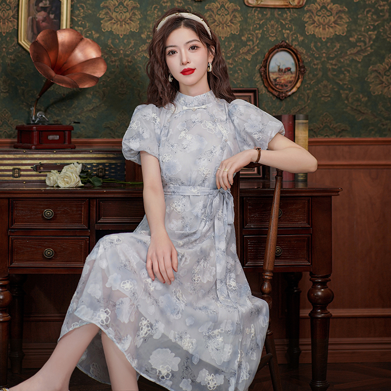 New Chinese Style Qipao Dress for Young Women Blue Floral Long - Image 2