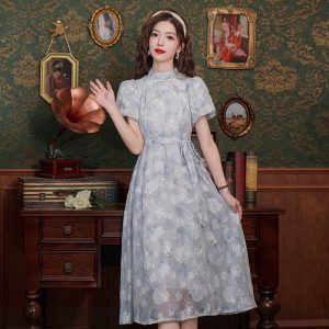 New Chinese Style Qipao Dress for Young Women Blue Floral Long