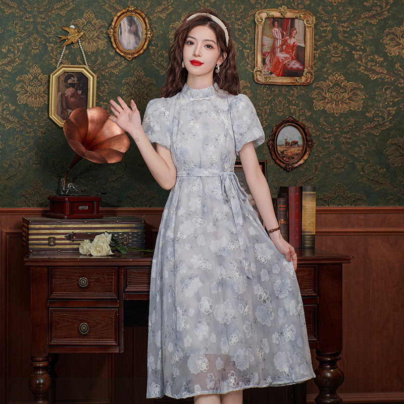 New Chinese Style Qipao Dress for Young Women Blue Floral Long