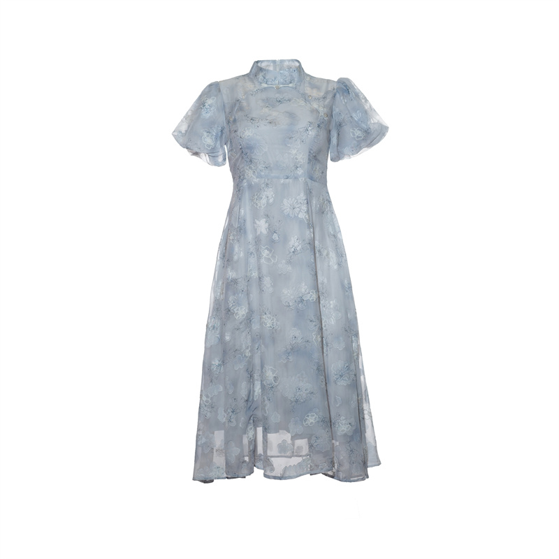 New Chinese Style Qipao Dress for Young Women Blue Floral Long - Image 5