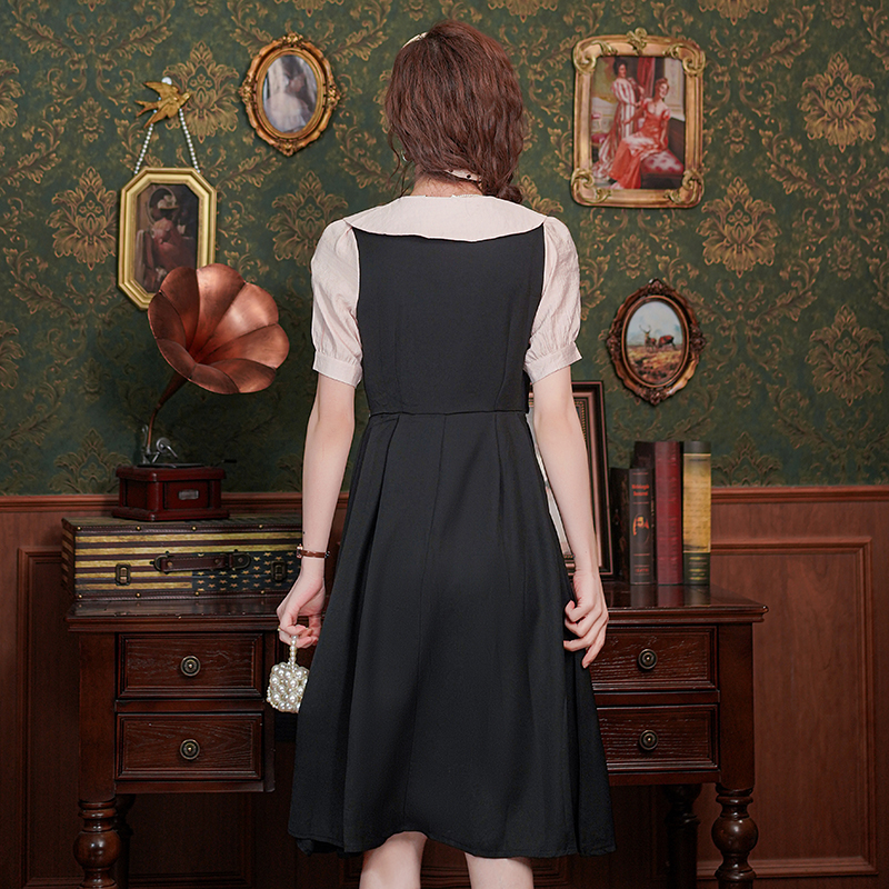 2026 New Chinese Style Short Sleeve Dress Women Summer Doll Collar Fake Two Piece Color Block French Midi Dress - Image 2