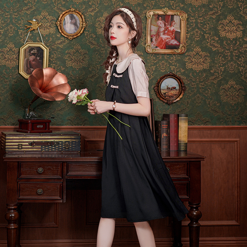 2026 New Chinese Style Short Sleeve Dress Women Summer Doll Collar Fake Two Piece Color Block French Midi Dress - Image 4