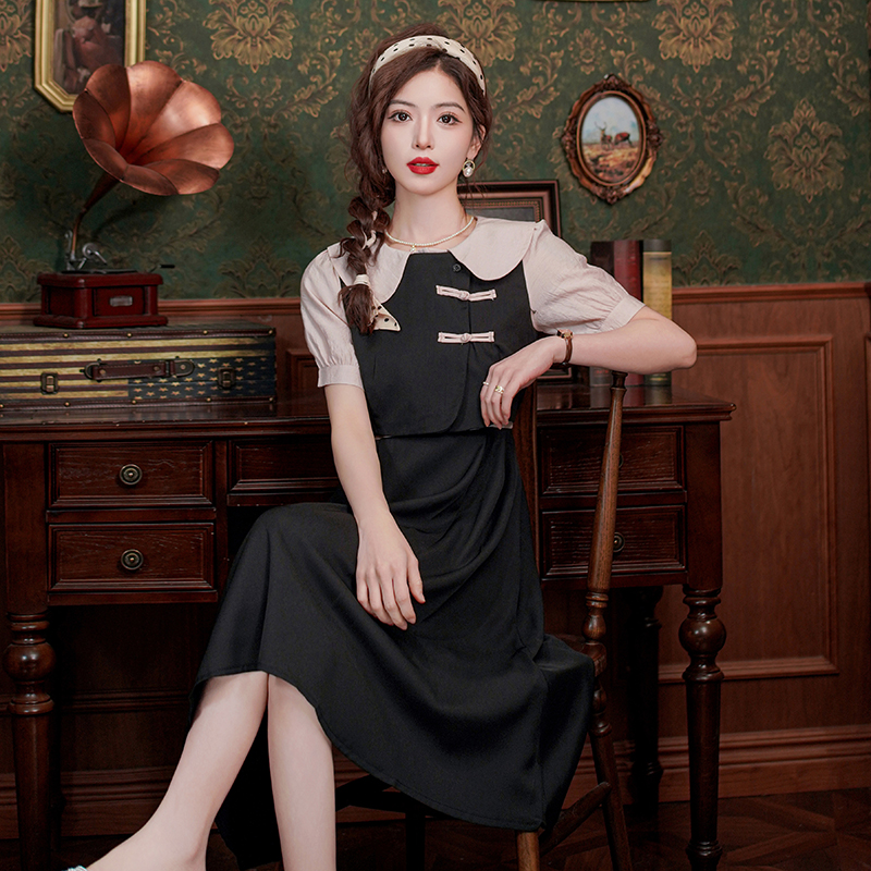2026 New Chinese Style Short Sleeve Dress Women Summer Doll Collar Fake Two Piece Color Block French Midi Dress - Image 3