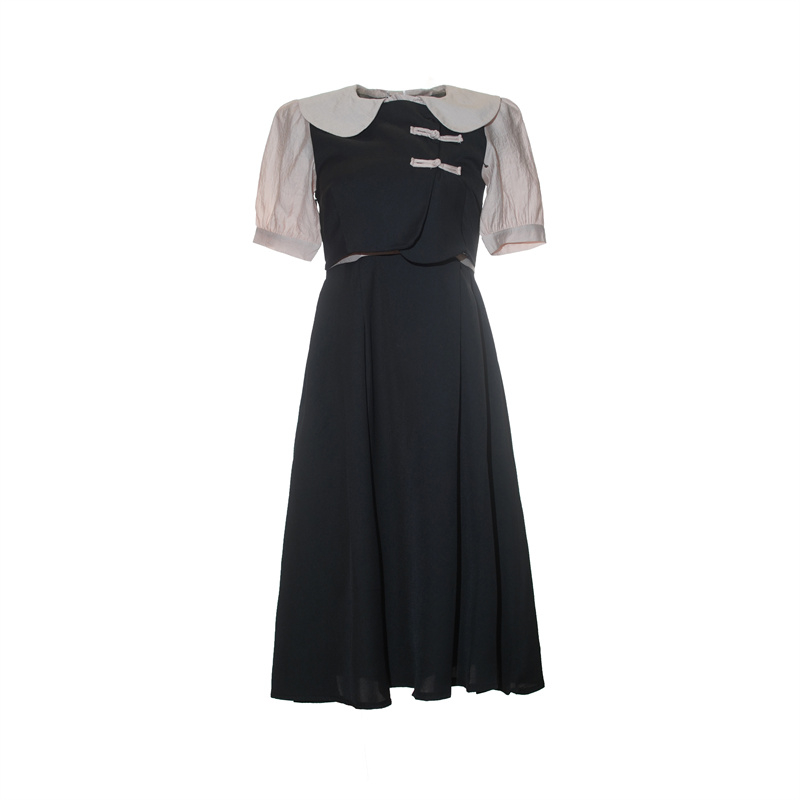2026 New Chinese Style Short Sleeve Dress Women Summer Doll Collar Fake Two Piece Color Block French Midi Dress - Image 5