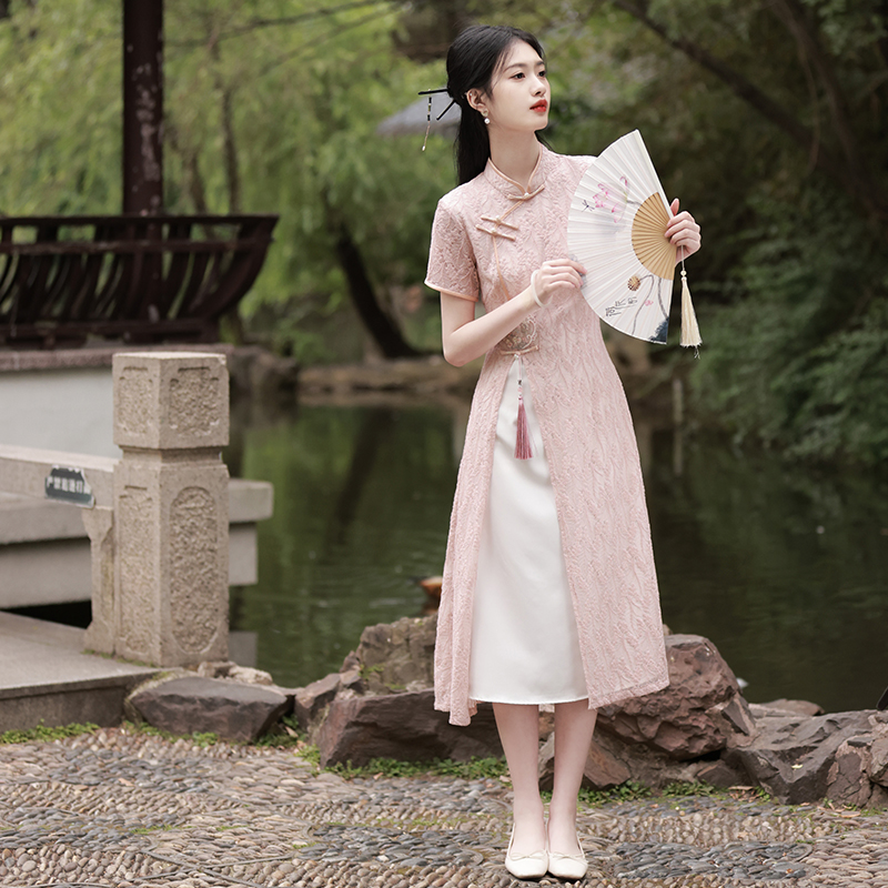 Lace Qipao Dress for Young Women Summer Artistic Embroidered Slim Waist A-Line Cheongsam - Image 5