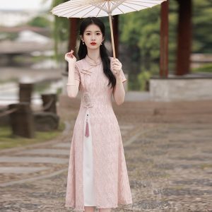 Lace Qipao Dress for Young Women Summer Artistic Embroidered Slim Waist A-Line Cheongsam