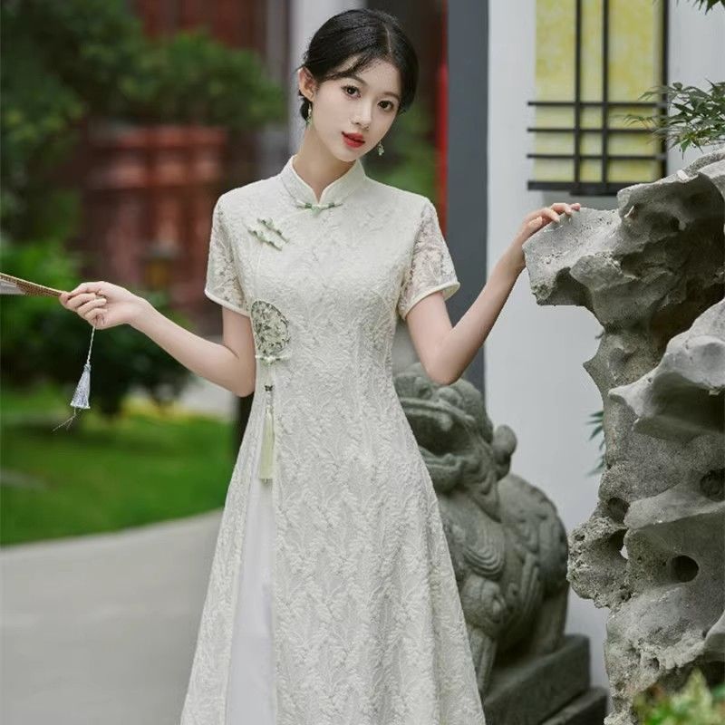Lace Qipao Dress for Young Women Summer Artistic Embroidered Slim Waist A-Line Cheongsam - Image 3