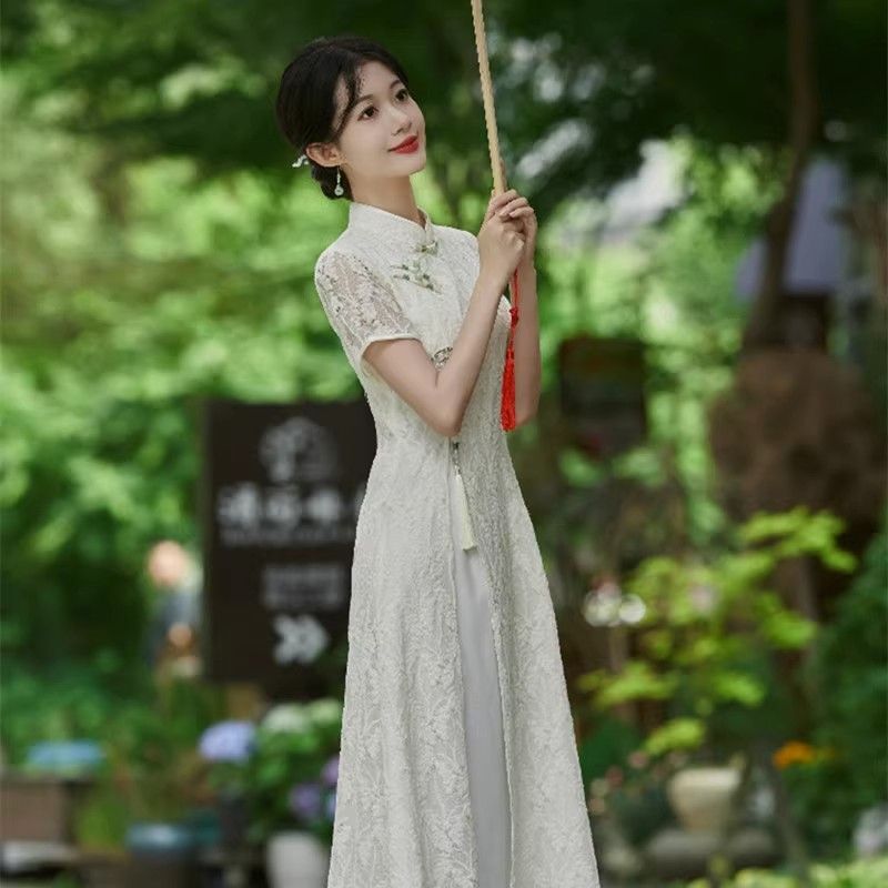 Lace Qipao Dress for Young Women Summer Artistic Embroidered Slim Waist A-Line Cheongsam - Image 4