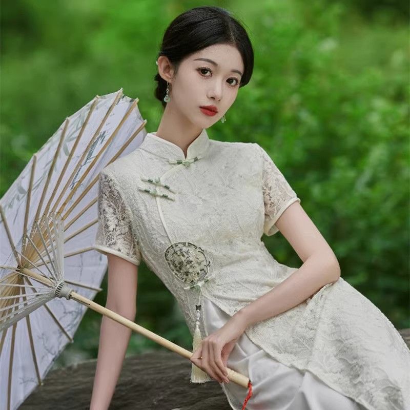 Lace Qipao Dress for Young Women Summer Artistic Embroidered Slim Waist A-Line Cheongsam - Image 2