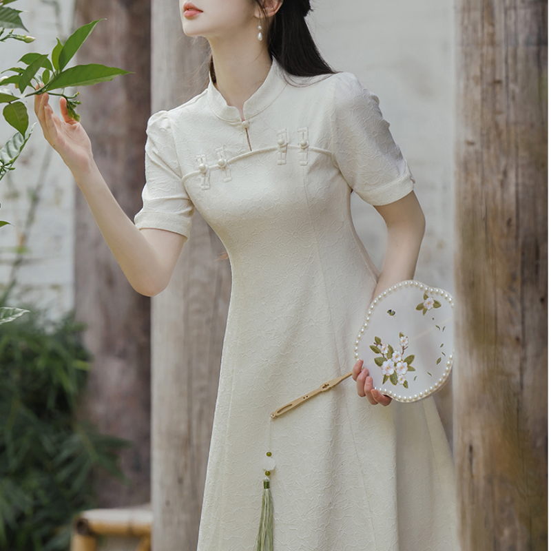 2025 New Improved Short Sleeve Qipao Dress for Women Summer New Chinese Style Zen Ultra Slim Fit Dress Cool Elegant