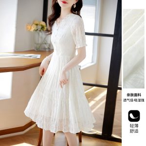 Fairy Style V-Neck Lace Patchwork Dress Women 2025 Summer New White Slimming Flattering Lady Midi Dress - Style c4fd0b