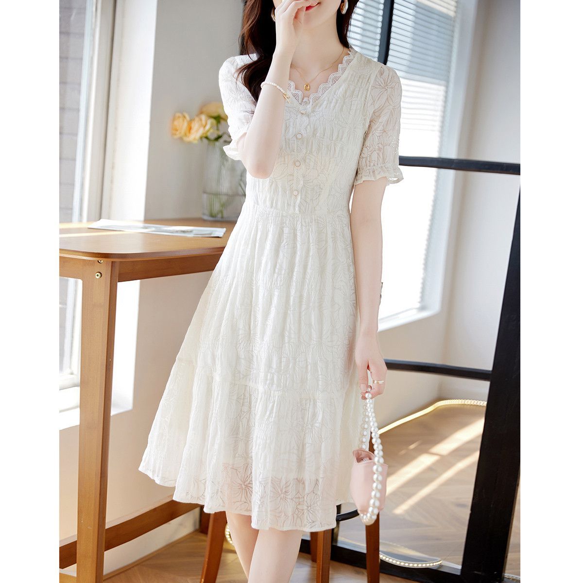 Fairy Style V-Neck Lace Patchwork Dress Women 2025 Summer New White Slimming Flattering Lady Midi Dress - Style c4fd0b - Image 2