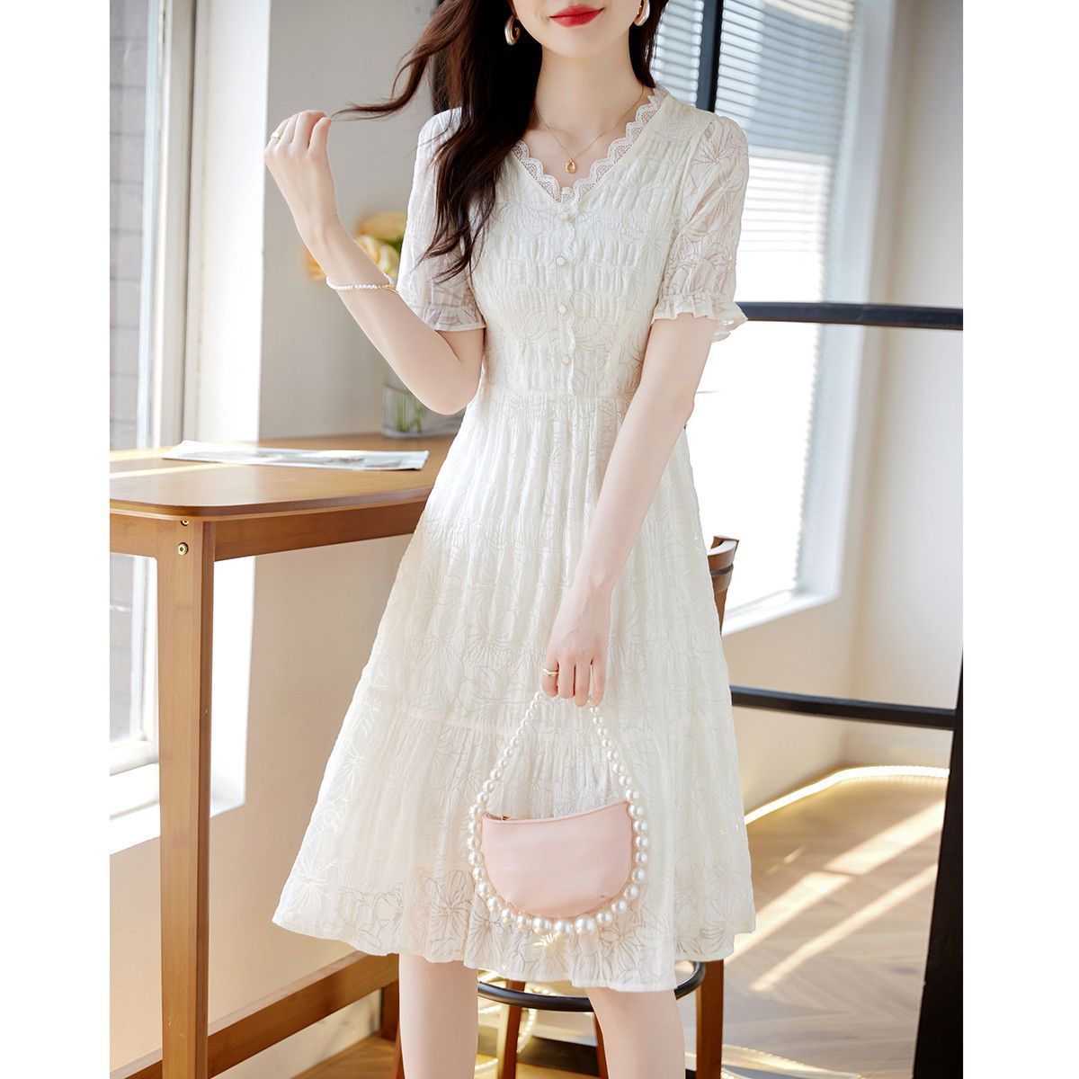Fairy Style V-Neck Lace Patchwork Dress Women 2025 Summer New White Slimming Flattering Lady Midi Dress - Style c4fd0b - Image 4