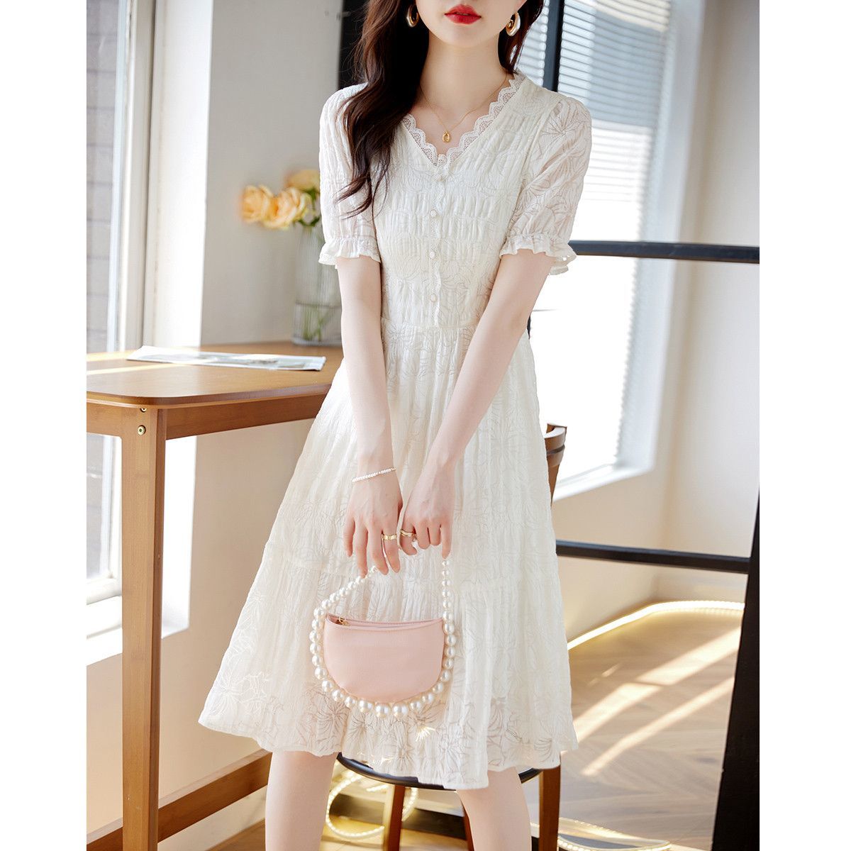 Fairy Style V-Neck Lace Patchwork Dress Women 2025 Summer New White Slimming Flattering Lady Midi Dress - Style c4fd0b - Image 3