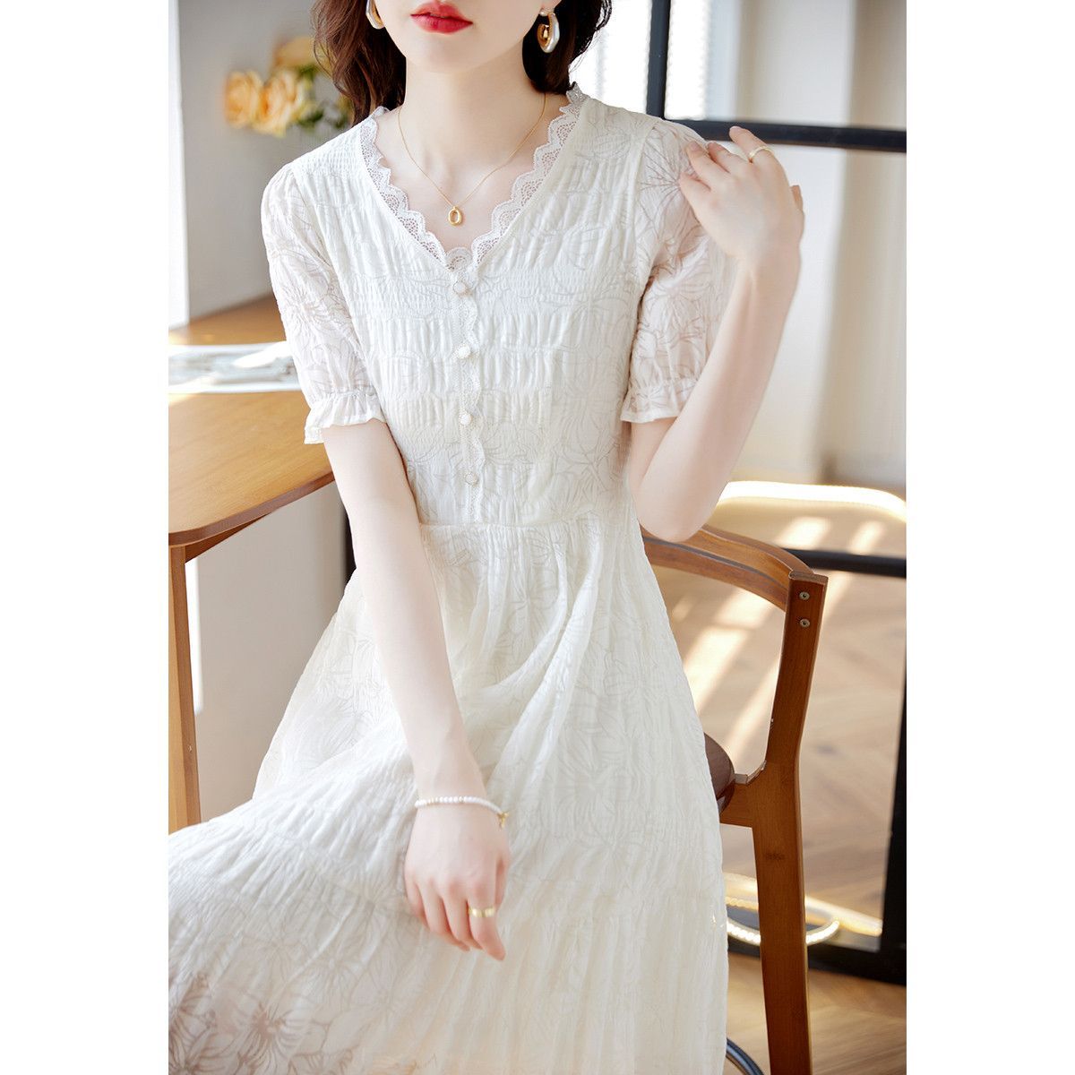 Fairy Style V-Neck Lace Patchwork Dress Women 2025 Summer New White Slimming Flattering Lady Midi Dress - Style c4fd0b - Image 5
