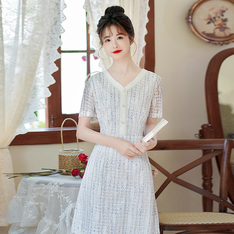2025 Summer New Elegant Casual Versatile Simple Floral Lace Midi Short Sleeve Dress for Women - Image 4