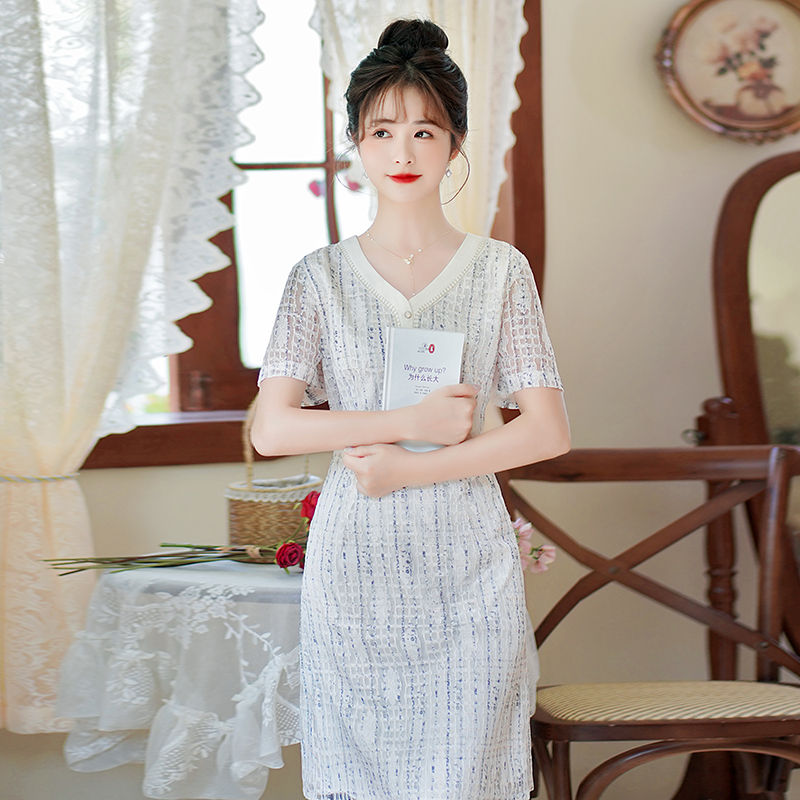 2025 Summer New Elegant Casual Versatile Simple Floral Lace Midi Short Sleeve Dress for Women - Image 5