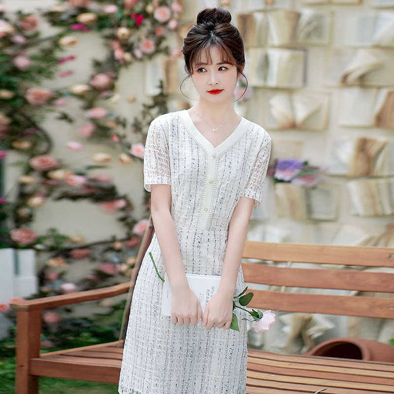 2025 Summer New Elegant Casual Versatile Simple Floral Lace Midi Short Sleeve Dress for Women - Image 2
