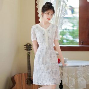 2025 Summer New Elegant Casual Versatile Simple Floral Lace Midi Short Sleeve Dress for Women