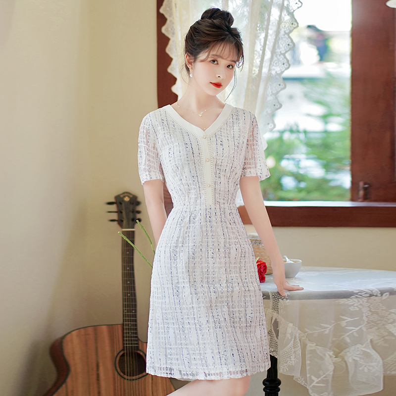 2025 Summer New Elegant Casual Versatile Simple Floral Lace Midi Short Sleeve Dress for Women