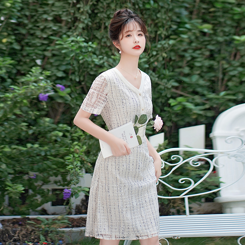 2025 Summer New Elegant Casual Versatile Simple Floral Lace Midi Short Sleeve Dress for Women - Image 3