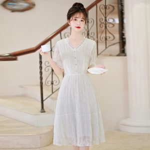 Fairy Style V-Neck Lace Patchwork Dress Women 2025 Summer New White Slimming Flattering Lady Midi Dress - Style c64804
