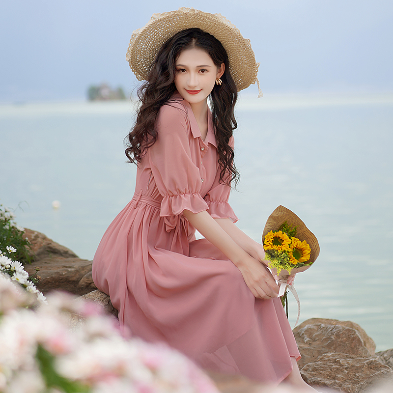 2026 Summer New Tea Break French Forest Style Literary Ultra Fairy Pink Chiffon Sweet Lady Shirt Dress - Style dba745 - Image 2