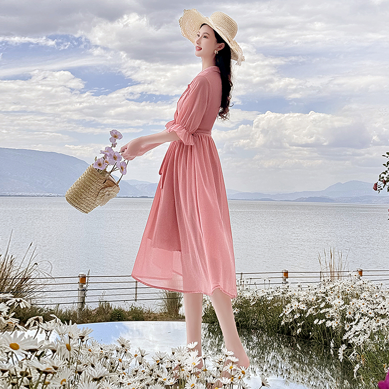 2026 Summer New Tea Break French Forest Style Literary Ultra Fairy Pink Chiffon Sweet Lady Shirt Dress - Style dba745 - Image 3