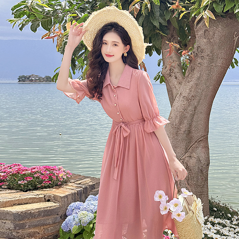 2026 Summer New Tea Break French Forest Style Literary Ultra Fairy Pink Chiffon Sweet Lady Shirt Dress - Style dba745 - Image 5