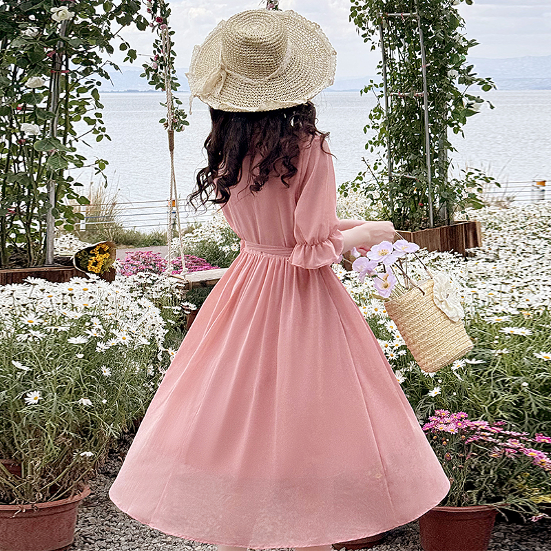 2026 Summer New Tea Break French Forest Style Literary Ultra Fairy Pink Chiffon Sweet Lady Shirt Dress - Style dba745 - Image 4