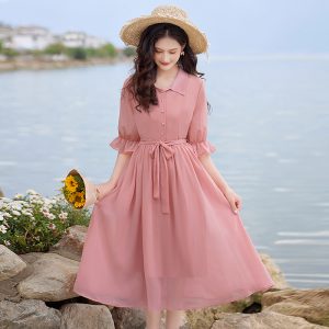 2026 Summer New Tea Break French Forest Style Literary Ultra Fairy Pink Chiffon Sweet Lady Shirt Dress - Style dba745