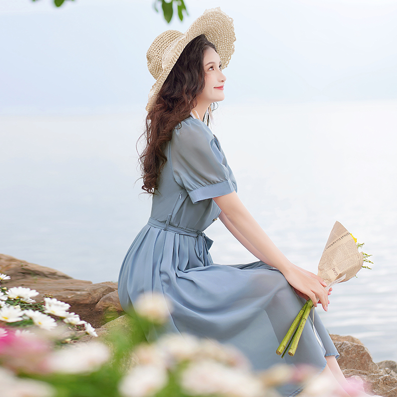 2025 Summer Women Blue Chiffon Shirt Dress High Waist Midi - Image 2