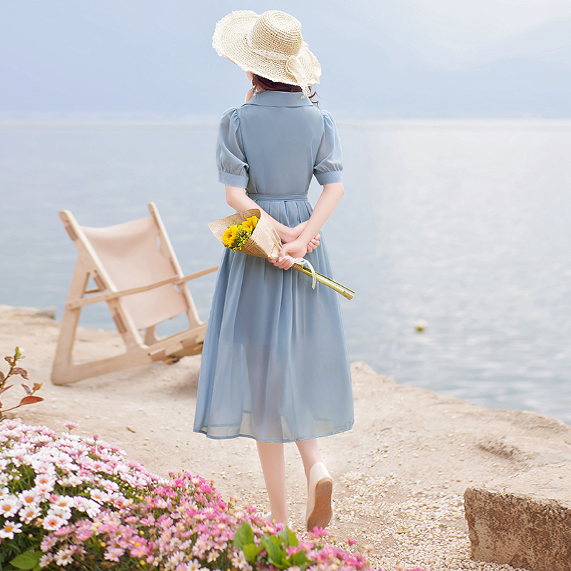 2025 Summer Women Blue Chiffon Shirt Dress High Waist Midi - Image 5