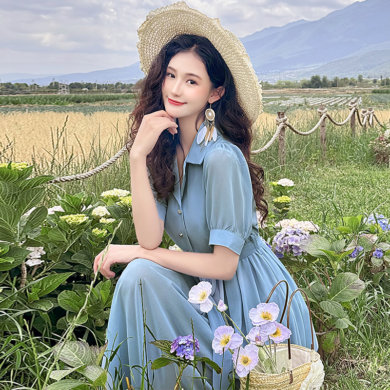 2025 Summer Women Blue Chiffon Shirt Dress High Waist Midi - Image 3