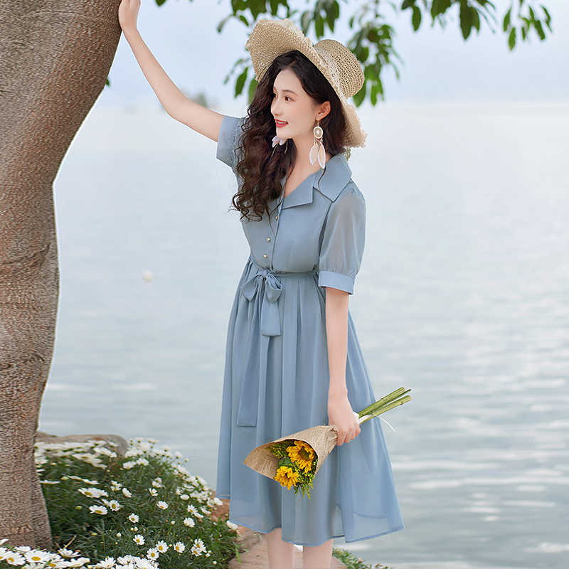 2025 Summer Women Blue Chiffon Shirt Dress High Waist Midi - Image 4