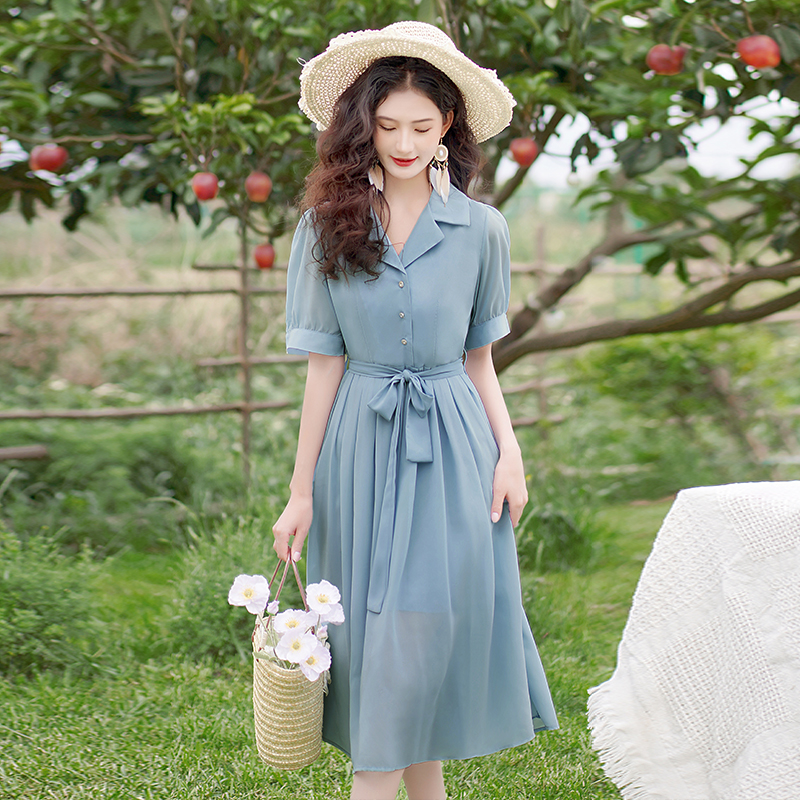 2025 Summer Women Blue Chiffon Shirt Dress High Waist Midi