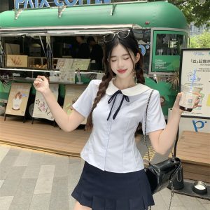 Women's JK Uniform Short Sleeve Shirt and Skirt Set with Blue Embroidery - Style 6686cd