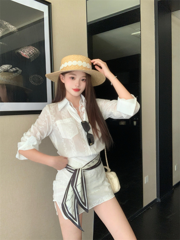 Women's Plus Size Lace Spliced Jacquard Long Sleeve Shirt and Bodycon Skirt Two Piece Set Summer - Image 4