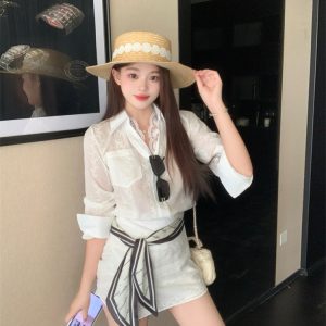 Women's Plus Size Lace Spliced Jacquard Long Sleeve Shirt and Bodycon Skirt Two Piece Set Summer