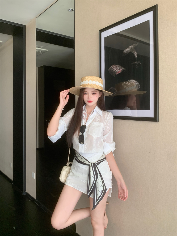 Women's Plus Size Lace Spliced Jacquard Long Sleeve Shirt and Bodycon Skirt Two Piece Set Summer - Image 2