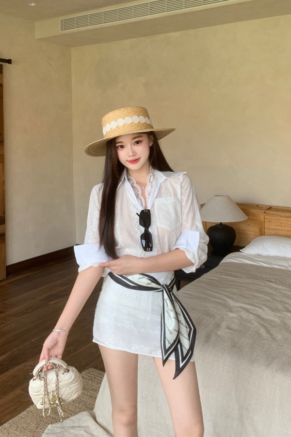 Women's Plus Size Lace Spliced Jacquard Long Sleeve Shirt and Bodycon Skirt Two Piece Set Summer - Image 5