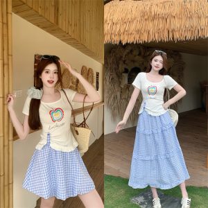 2026 Summer Women's Printed Sweet Korean Chic Top and Skirt Set