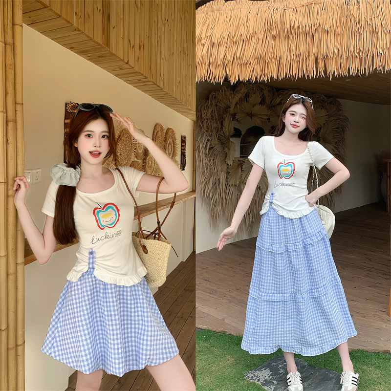 2026 Summer Women's Printed Sweet Korean Chic Top and Skirt Set